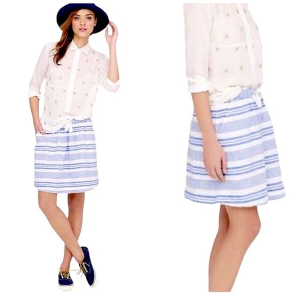 J. Crew Linen Blue White Stripe Drawstring Mini Skirt - Picture 1 of 10